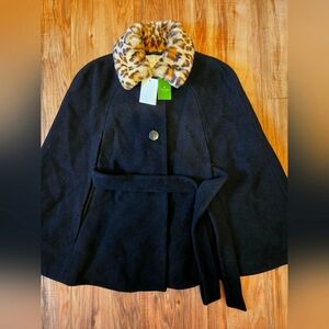 -50% OFF NEW KATE SPADE Black Cape Poncho Shrug Leopard Trim One Size